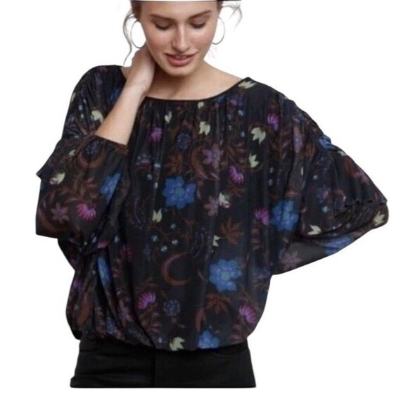 Free People Tops - Free People Wildflower Honey Floral Mesh Top L Ruffle Balloon Sleeve Whimsigoth